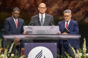 Ted N. C. Wilson, President, General Conference (GC), welcoming delegates and guests to the General Conference Session at the opening meeting on Thursday, July 3, 2025. The 62nd General Conference Session of the Seventh-day Adventist Church, America’s Center Convention Complex, St. Louis, Missouri, USA, July 3-12, 2025. Camera date: Thursday, July 3, 2025 14:01.